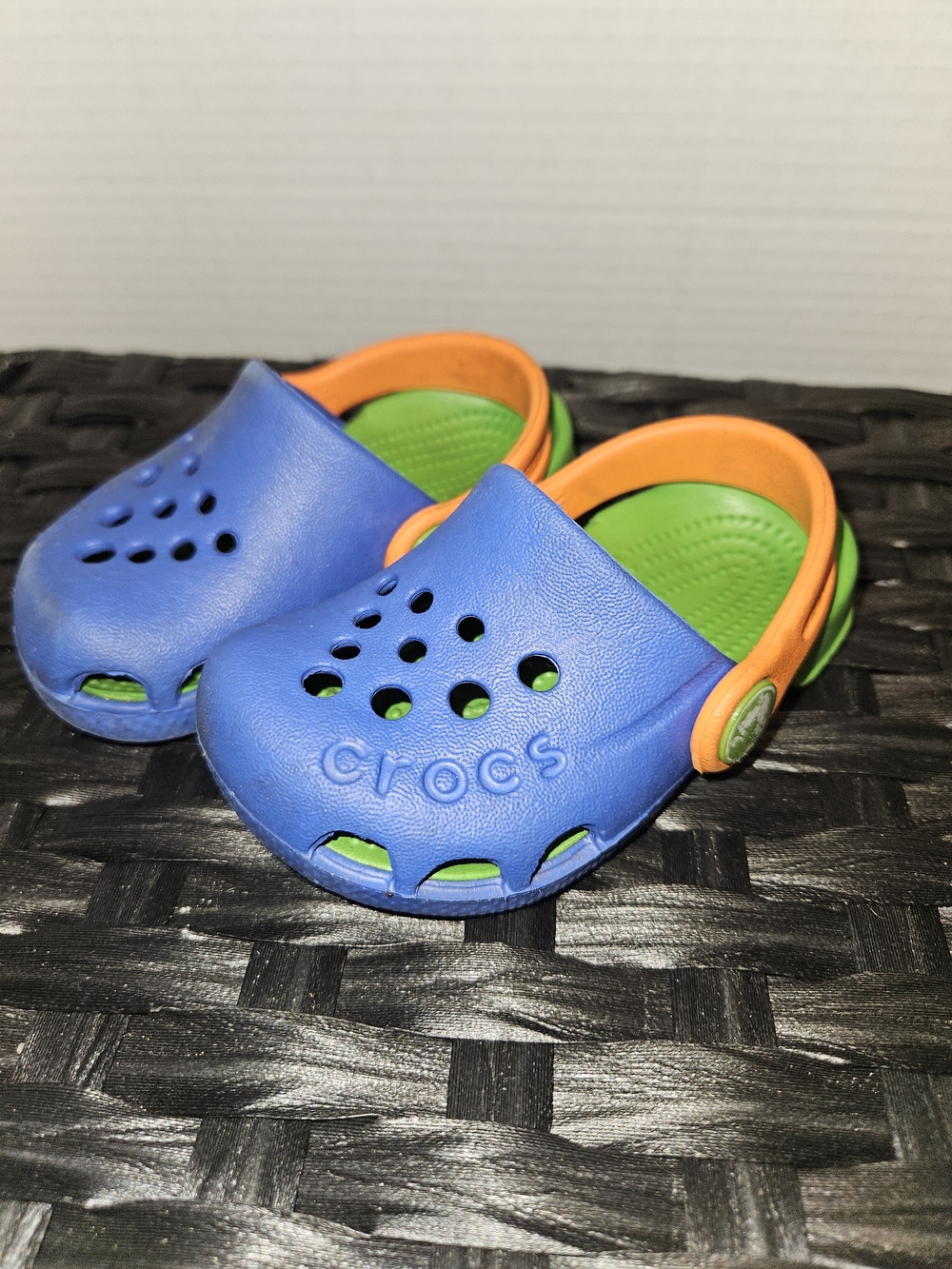 CROCS Kids Clog in Blue with Orange Strap and Green Footbed
